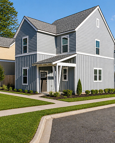 Charming modern neighborhood featuring stylish two-story homes with sleek gray siding, lush green lawns, and convenient parking, perfect for family living.