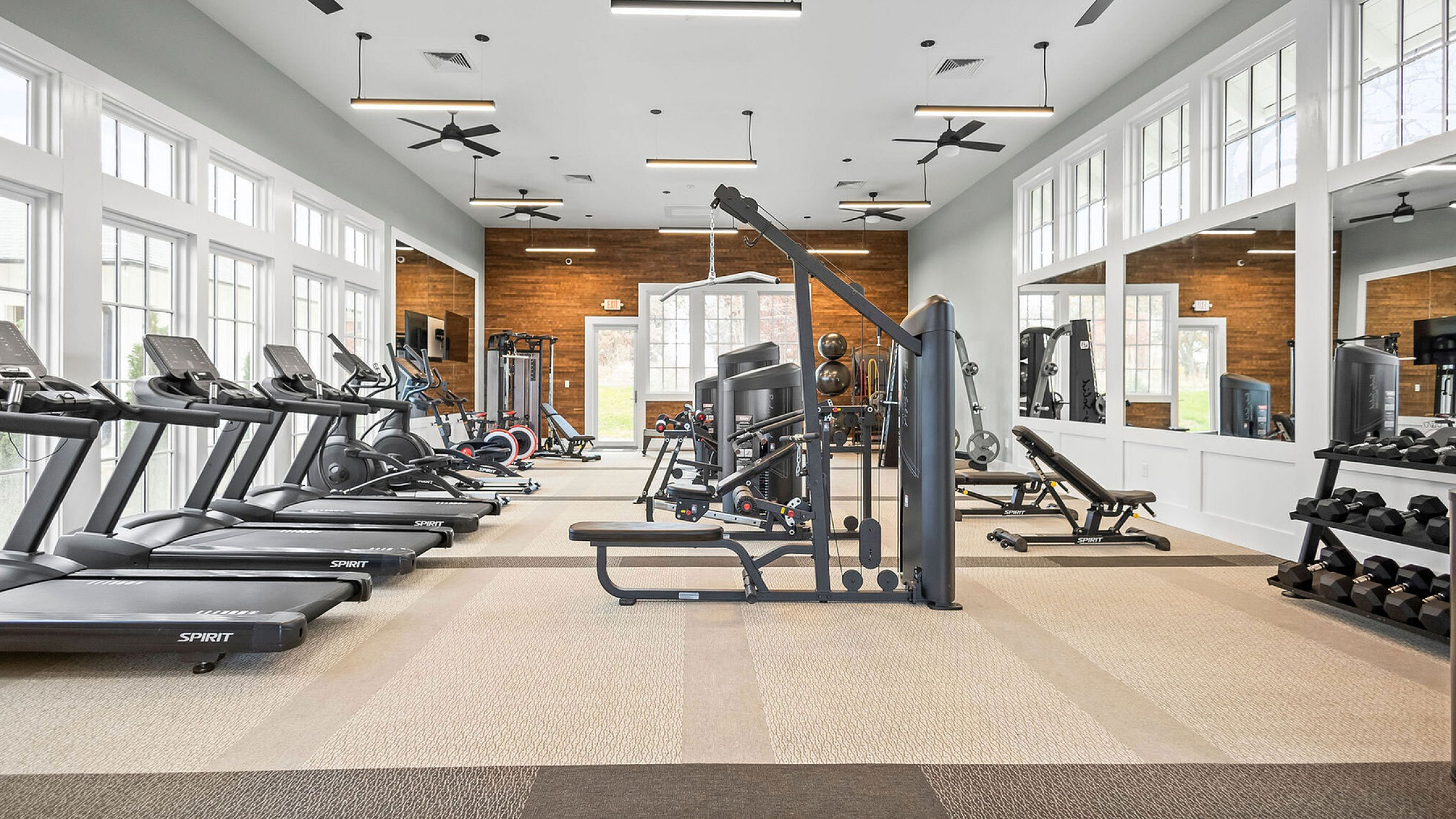 Luxurious apartment gym with modern fitness equipment, abundant natural light, and sleek design.