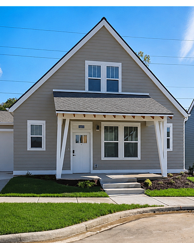 Charming modern cottage-style house with a gable roof, inviting front porch, and attached garage in a serene suburban neighborhood.