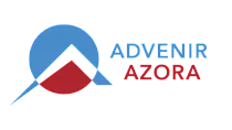 Modern logo design featuring a dynamic geometric pattern in blue and red, accentuated by the bold text 'Advenir Azora.'