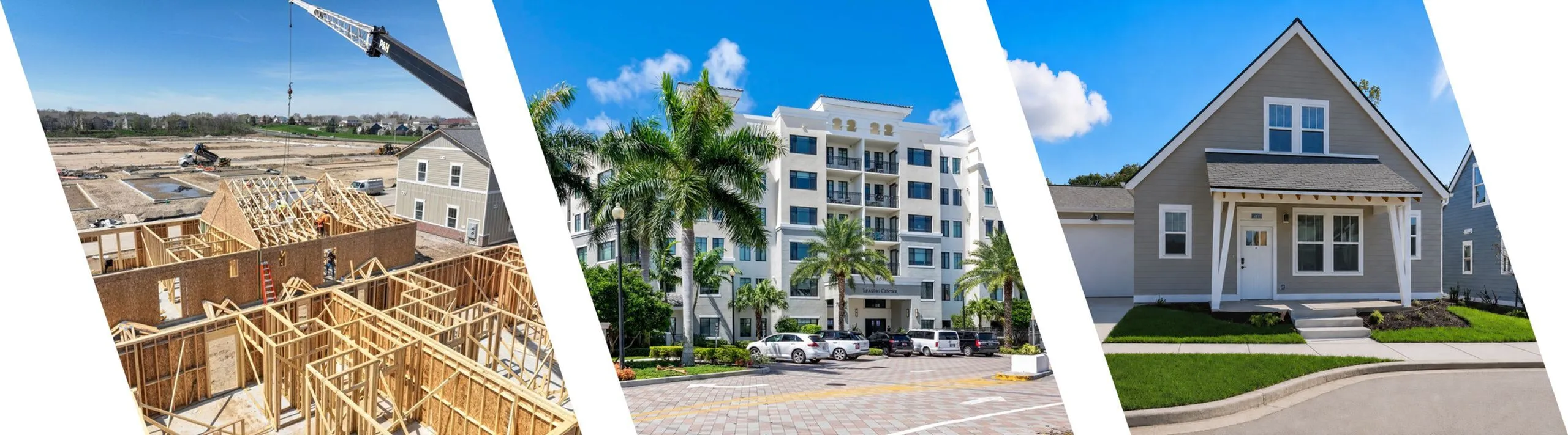 Vibrant construction site with ongoing development, a luxurious modern apartment building flanked by palm trees, and a charming suburban house with a welcoming front porch.