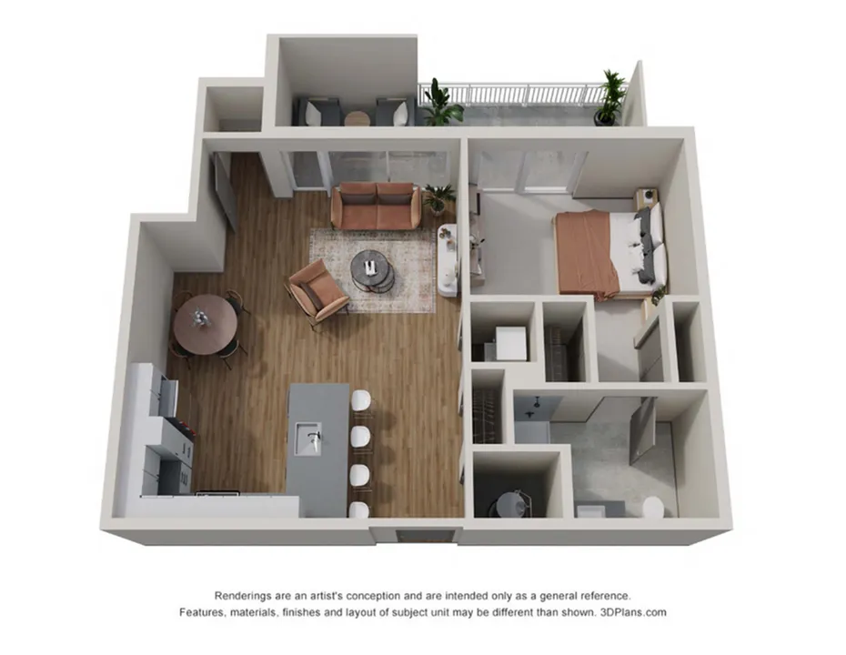 Chic 3D floor plan showcasing a modern 1-bedroom apartment with an open-concept living area, stylish kitchen, and private balcony.