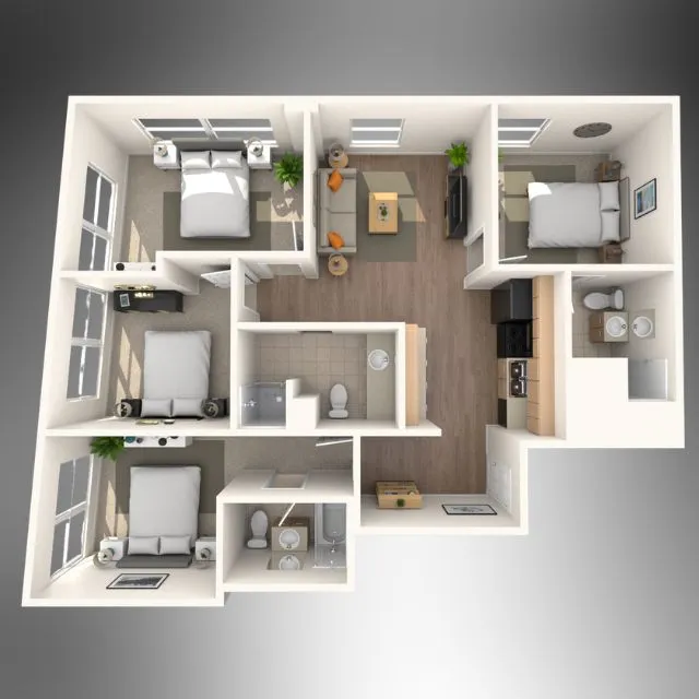 Modern 3D floor plan with three spacious bedrooms, an inviting living room, and a well-equipped kitchen, perfect for contemporary living.