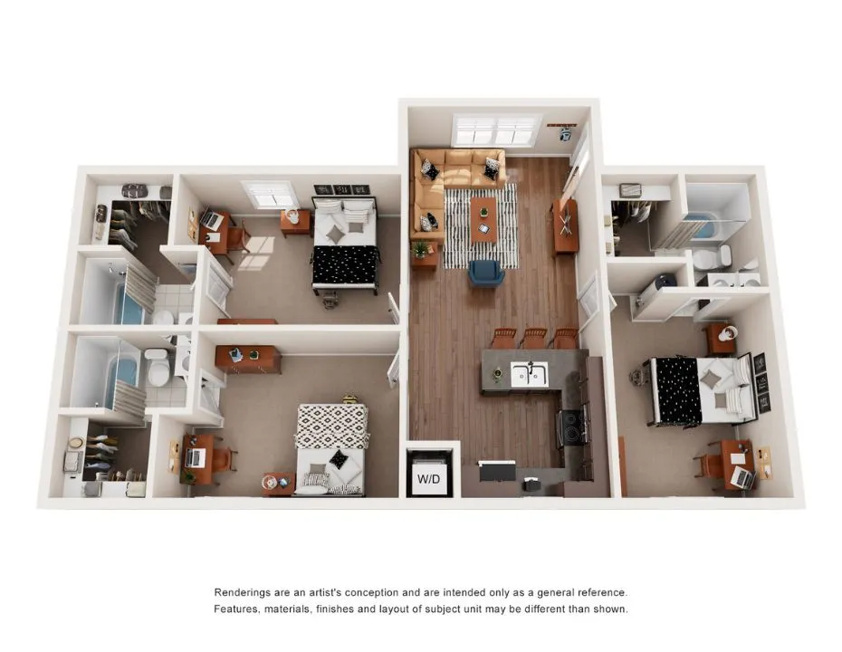 3D floor plan showcasing 3 bedrooms, an open-concept living area, and a modern kitchen.