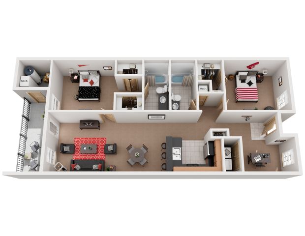 3D floor plan of a modern apartment featuring two bedrooms, two bathrooms, an open-concept living and dining area, and a contemporary kitchen.