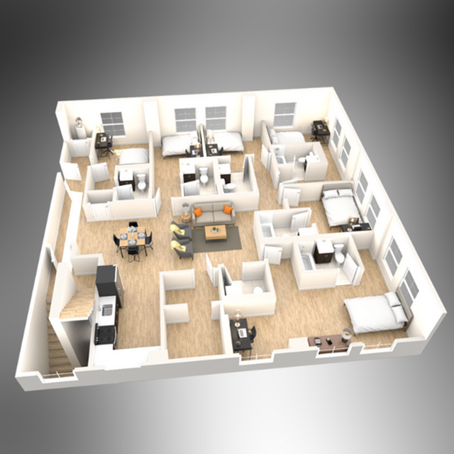 Spacious apartment floor plan displaying 6 bedrooms, open living area, and dining space.