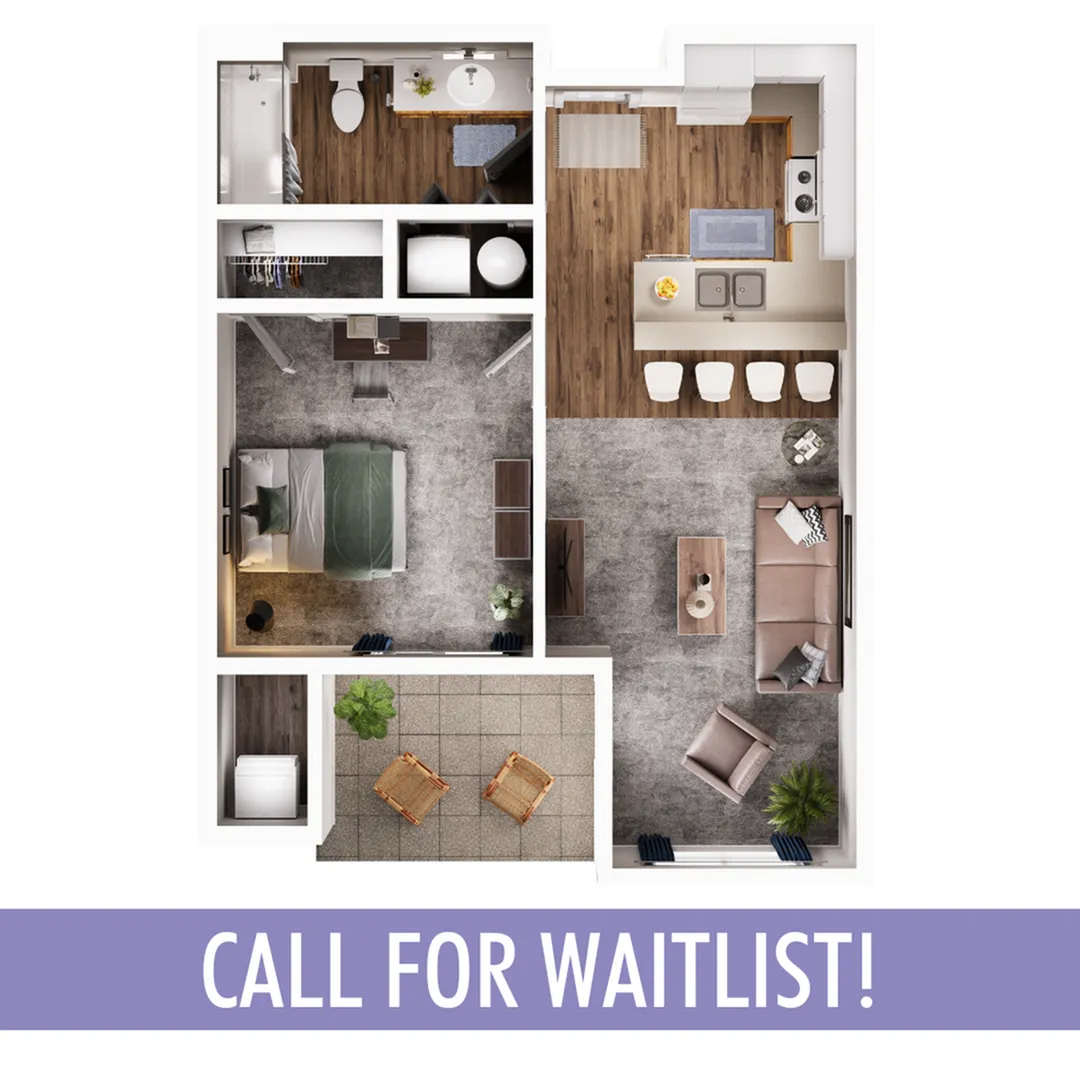Charming 1-bedroom apartment floor plan with open living area and private balcony.