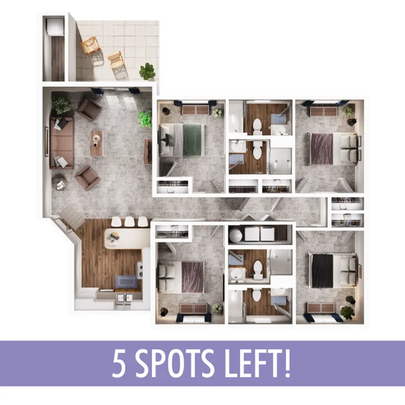 Detailed 3D floor plan featuring 4 bedrooms, a cozy living area, modern kitchen, and balcony.