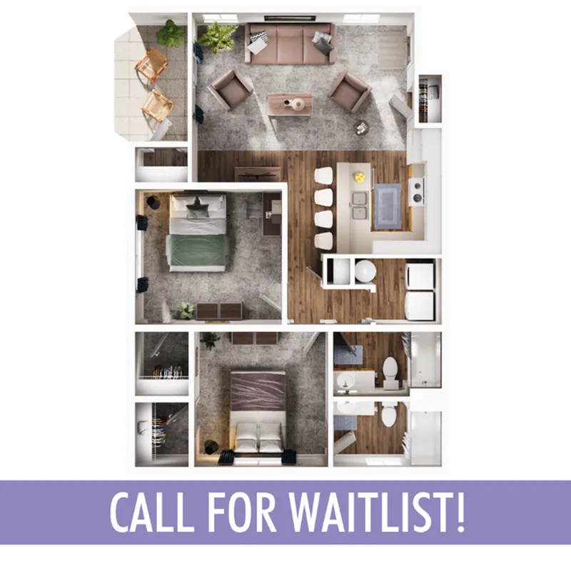 Modern 3D floor plan featuring two bedrooms, open living room, chic kitchen, and two bathrooms with a cozy patio.