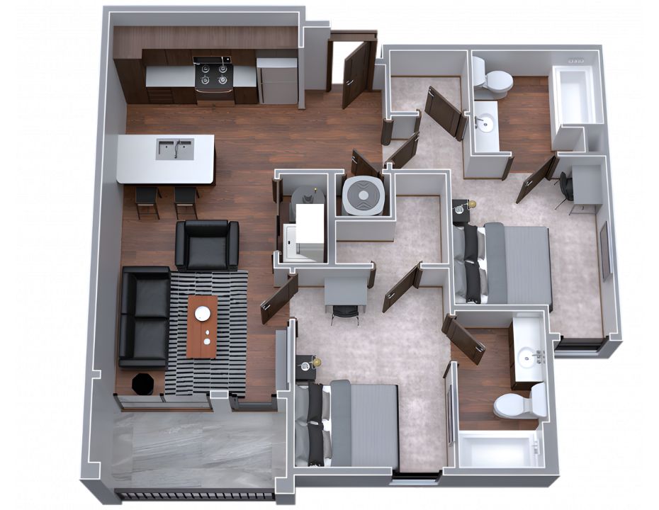 Modern 3D floor plan showcasing two spacious bedrooms, elegant living area, and sleek kitchen with an island.