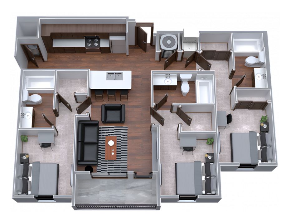 Modern 3D floor plan showcasing 3 bedrooms, open-concept living and dining area, and stylish kitchen with island seating.