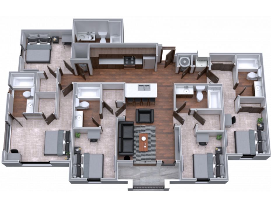 Chic floor plan showcasing 3 bedrooms, 2 modern bathrooms, open kitchen with island, and a stylish living area.