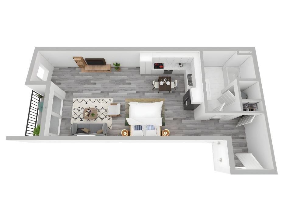 Modern 1-bedroom apartment floor plan showcasing an open living area, elegant kitchen, and cozy dining space with sleek interior design.
