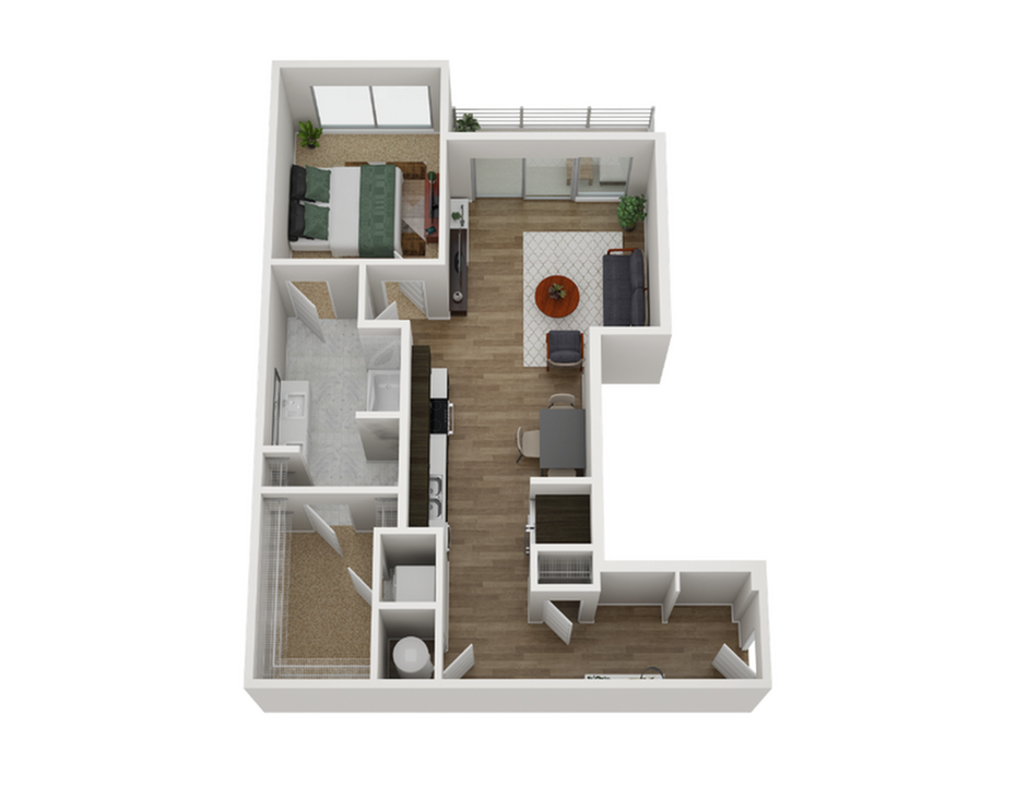 Modern 3D floor plan showcasing a spacious one-bedroom apartment with an inviting open-concept living area, stylish kitchen, and private balcony.