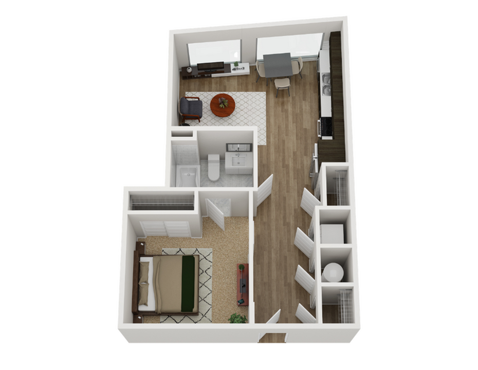 Modern 3D floor plan showcasing a cozy one-bedroom apartment with open living space, stylish kitchen, and contemporary bathroom.