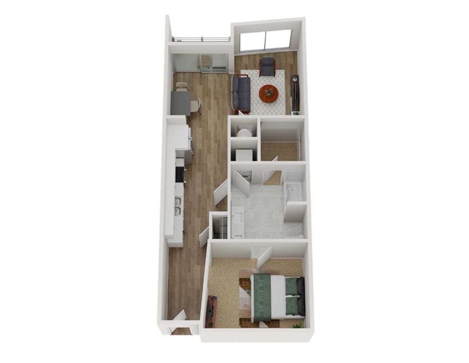 Modern 3D floor plan showcasing a sleek 1-bedroom apartment with open living-dining area, fully-equipped kitchen, and a cozy office nook.