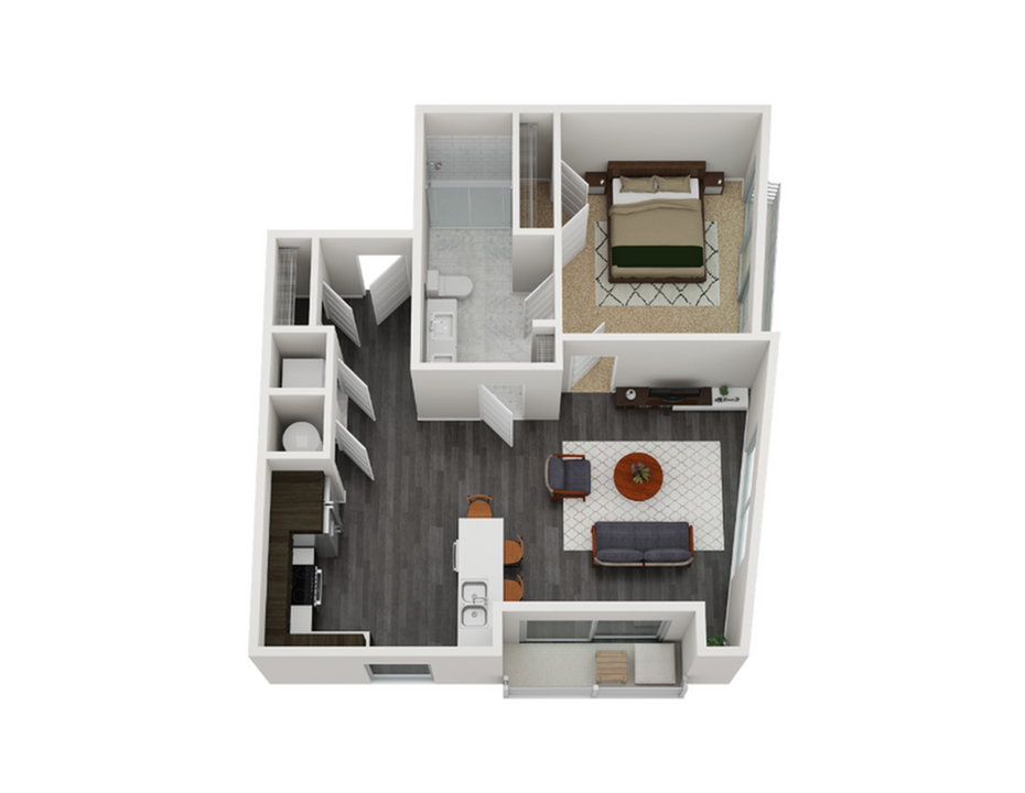 Modern 3D floor plan showcasing a cozy one-bedroom apartment with an open-concept living area, sleek kitchen, and inviting balcony.