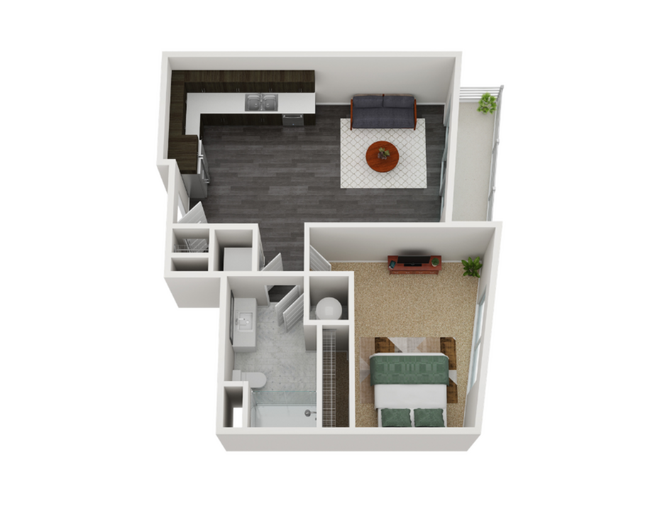 Modern 3D floor plan showcasing a one-bedroom apartment with elegant open-plan living area, sleek kitchen, stylish bathroom, and cozy seating space.