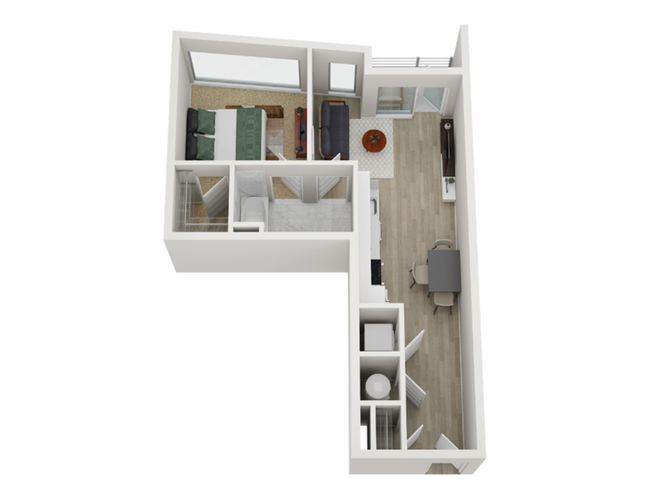 Modern 3D floor plan showcasing a cozy bedroom, a chic living room with large windows, and an elegant kitchen with a dining area.