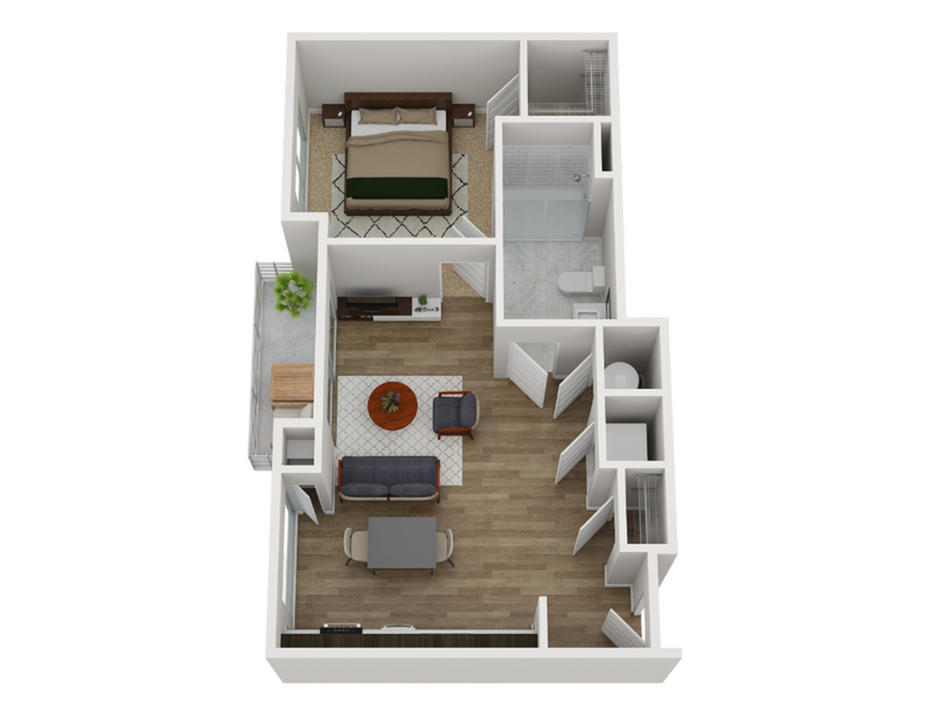 Modern 1-bedroom apartment layout featuring an inviting living area, sleek kitchen, tranquil bath, and a cozy outdoor balcony.