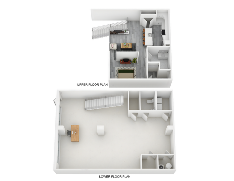 Elegant dual-level floor plan showcasing a spacious living area and modern kitchen on the upper floor, with versatile open space on the lower floor.
