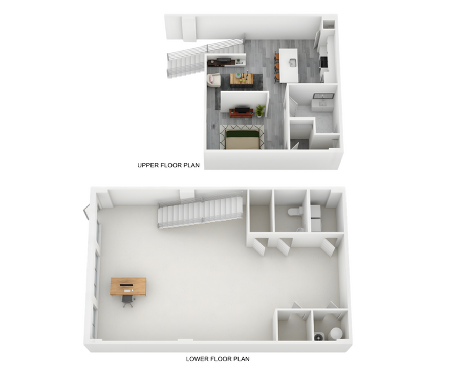 Modern two-story floor plan with upper level featuring a cozy living room, stylish kitchen, and intimate bedroom; lower level includes an open workspace and convenient bathroom facilities.