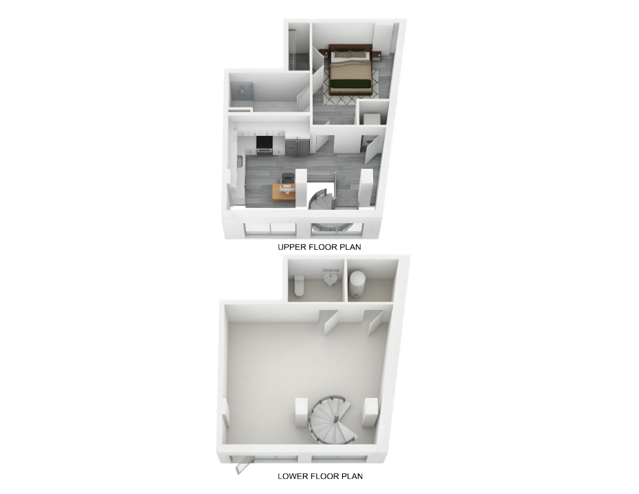 Contemporary two-level floor plan featuring a spacious upper floor with a bedroom, modern kitchen, and open living area, complemented by a functional lower floor with additional versatile space.