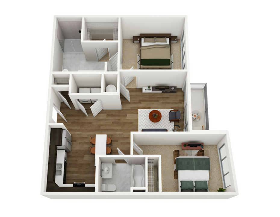 Modern 3D floor plan featuring 2 bedrooms, a cozy living room, and an efficient kitchen layout. Includes two bathrooms, laundry space, and a private balcony area.