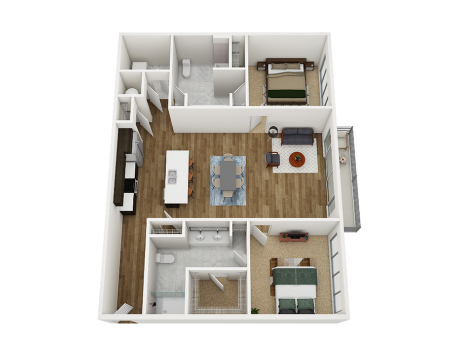 Chic 3D apartment floor plan with two bedrooms, an inviting open-concept living and dining area, and a modern kitchen. Features include two bathrooms and a cozy balcony, providing a perfect blend of comfort and style.