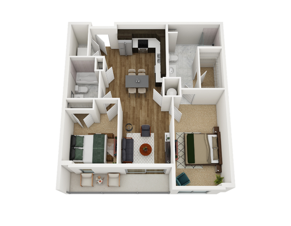 Elegant 3D floor plan showcasing 2 bedrooms, an open kitchen with dining area, and a cozy living room, perfect for modern living.