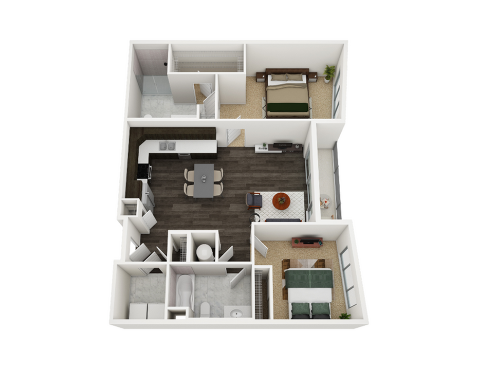 Modern apartment 3D floor plan featuring 1 bedroom, spacious open-concept kitchen and dining area, cozy living room, and elegant bathroom.
