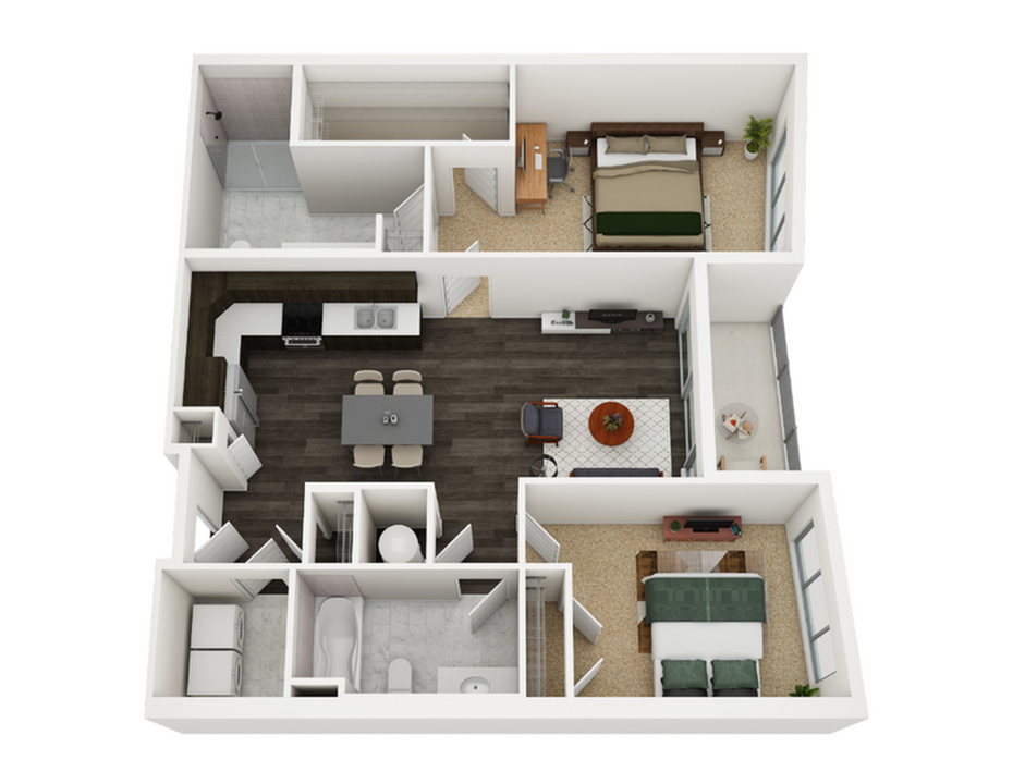 Modern 3D floor plan featuring 2 bedrooms, a spacious open-concept kitchen and dining area, inviting living room, and two stylish bathrooms.