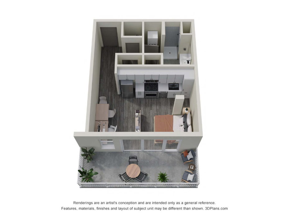 Modern 3D floor plan showcasing a cozy studio apartment with a sleek kitchen, dining area, bedroom, and spacious balcony including outdoor seating and plants.