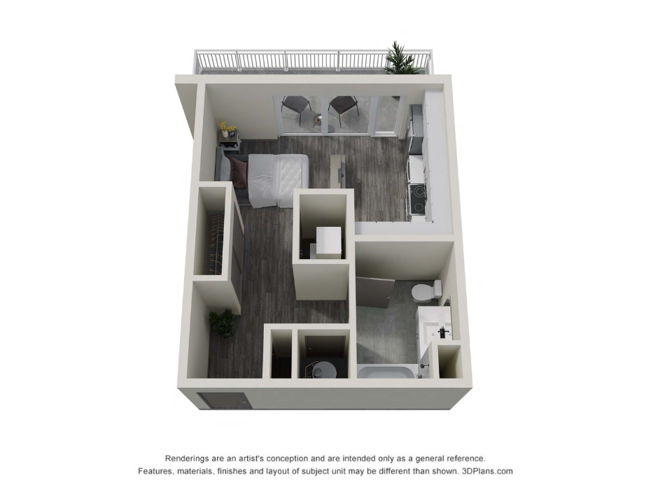 Modern 3D floor plan featuring a cozy bedroom, chic living area, stylish kitchen, and a spacious balcony.