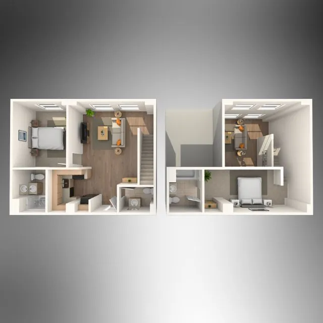 Modern 3D floor plan showcasing a two-story layout with two cozy bedrooms, stylish open living area, and a sleek kitchen, perfect for contemporary living.