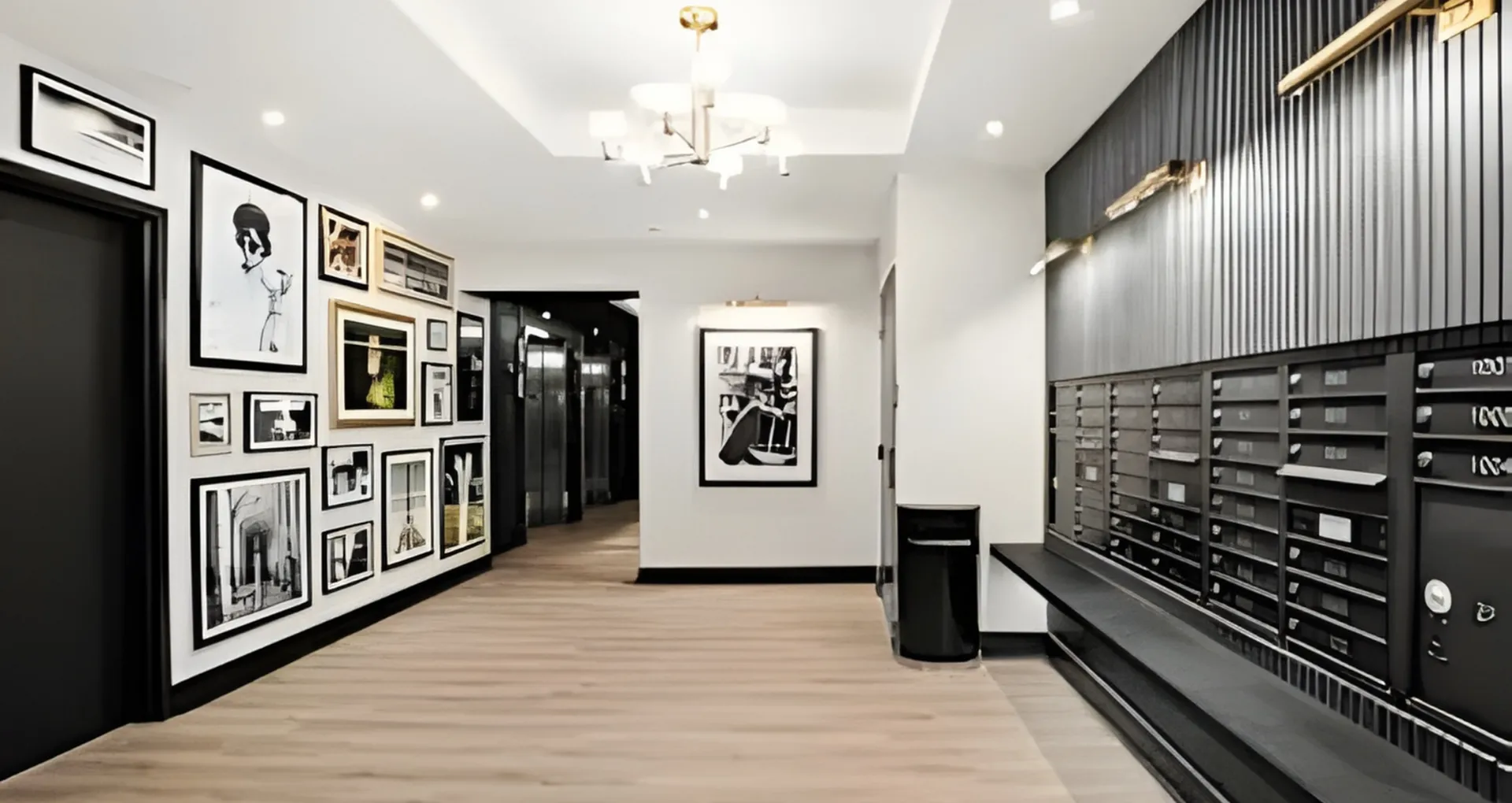 Elegant apartment hallway featuring modern artwork, chic lighting, and sleek mailboxes, creating a sophisticated ambiance.