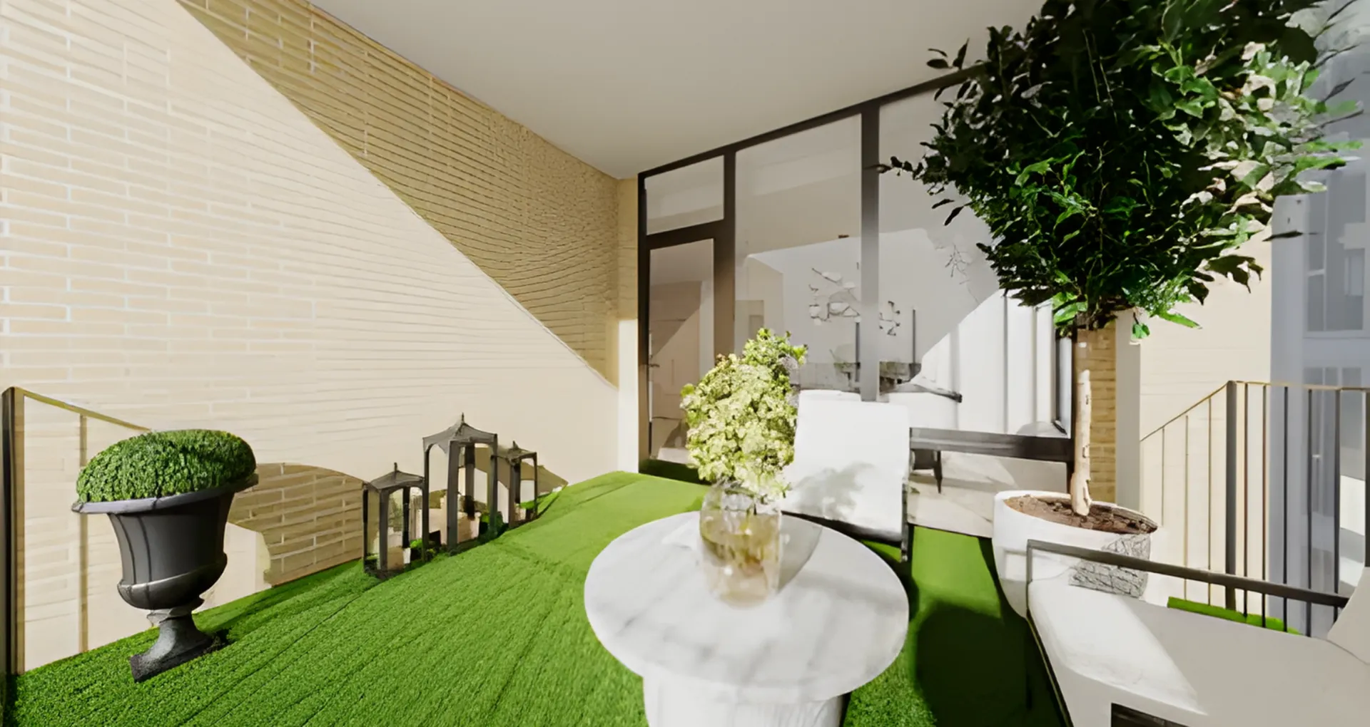 Chic balcony oasis with lush greenery, elegant planters, and cozy seating.