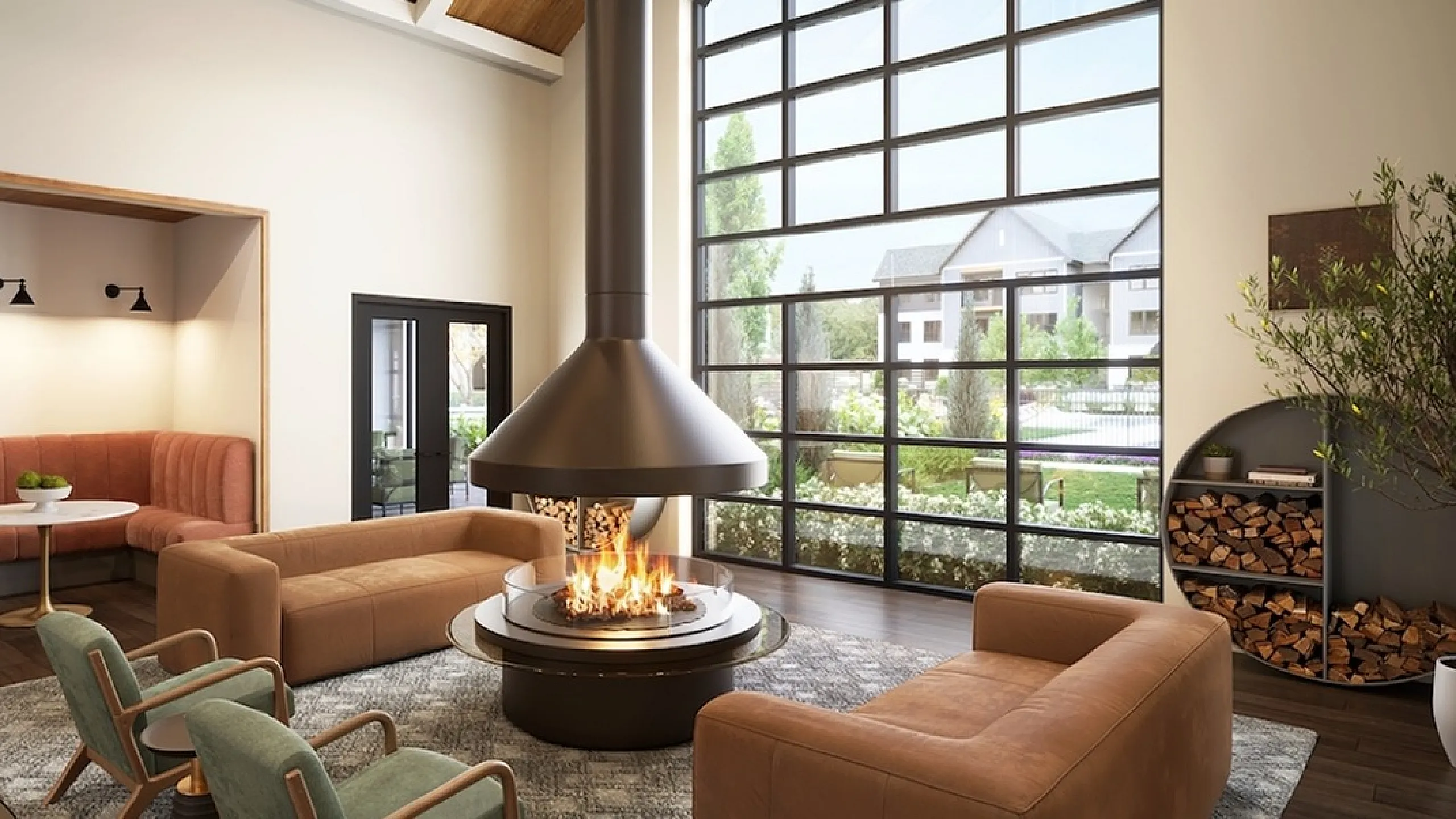 Spacious living room with sleek furniture, central fireplace, and floor-to-ceiling windows overlooking a garden.