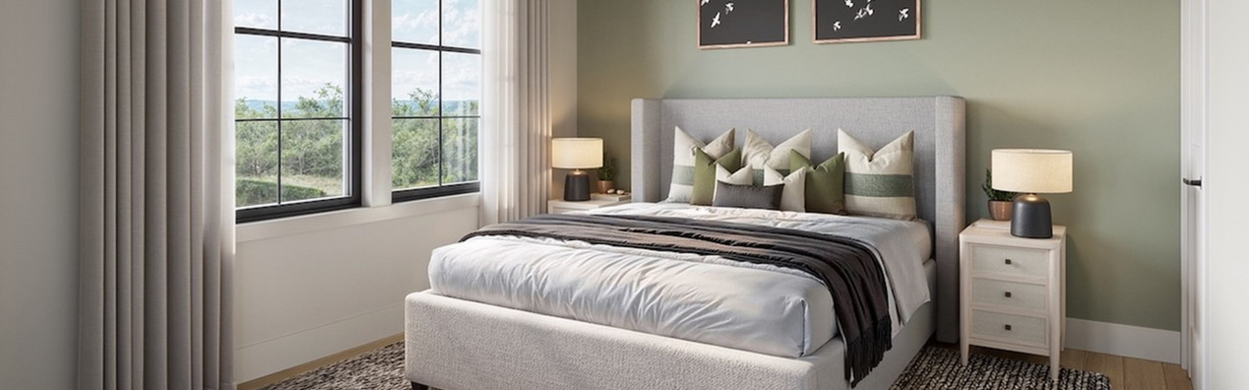 Bright and inviting bedroom with a king-sized bed, large window, and modern decor.
