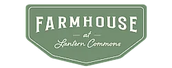 Stylish logo of Farmhouse at Lantern Commons with elegant typography on a rustic green background.