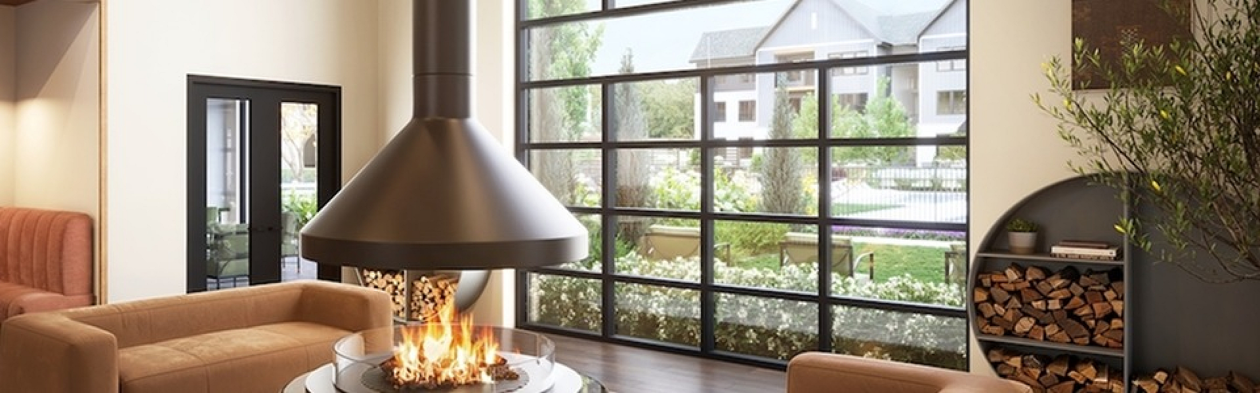 Sophisticated living room featuring a central fireplace, modern furniture, and large floor-to-ceiling windows overlooking a scenic view.