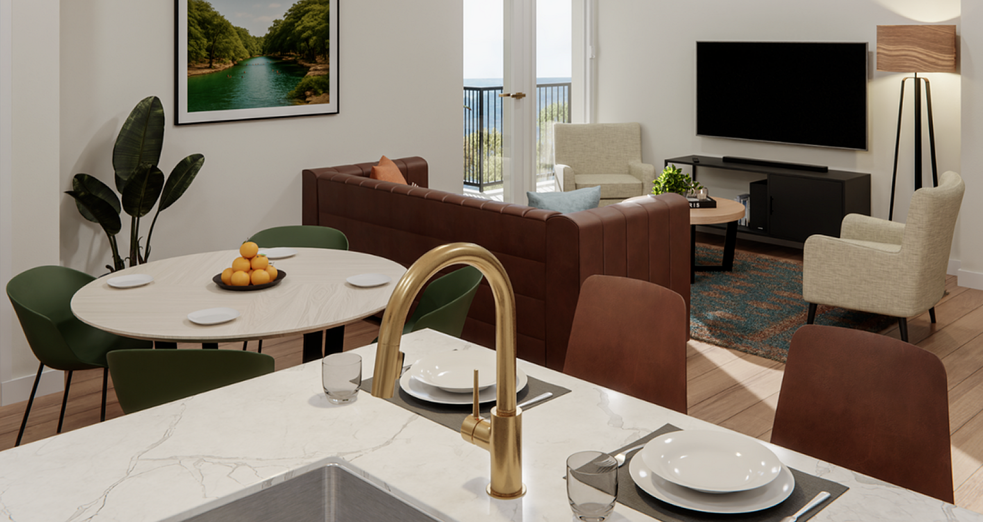 Modern open-concept living room with stylish decor, featuring a cozy seating area, dining space, and elegant kitchen island with a sleek faucet.