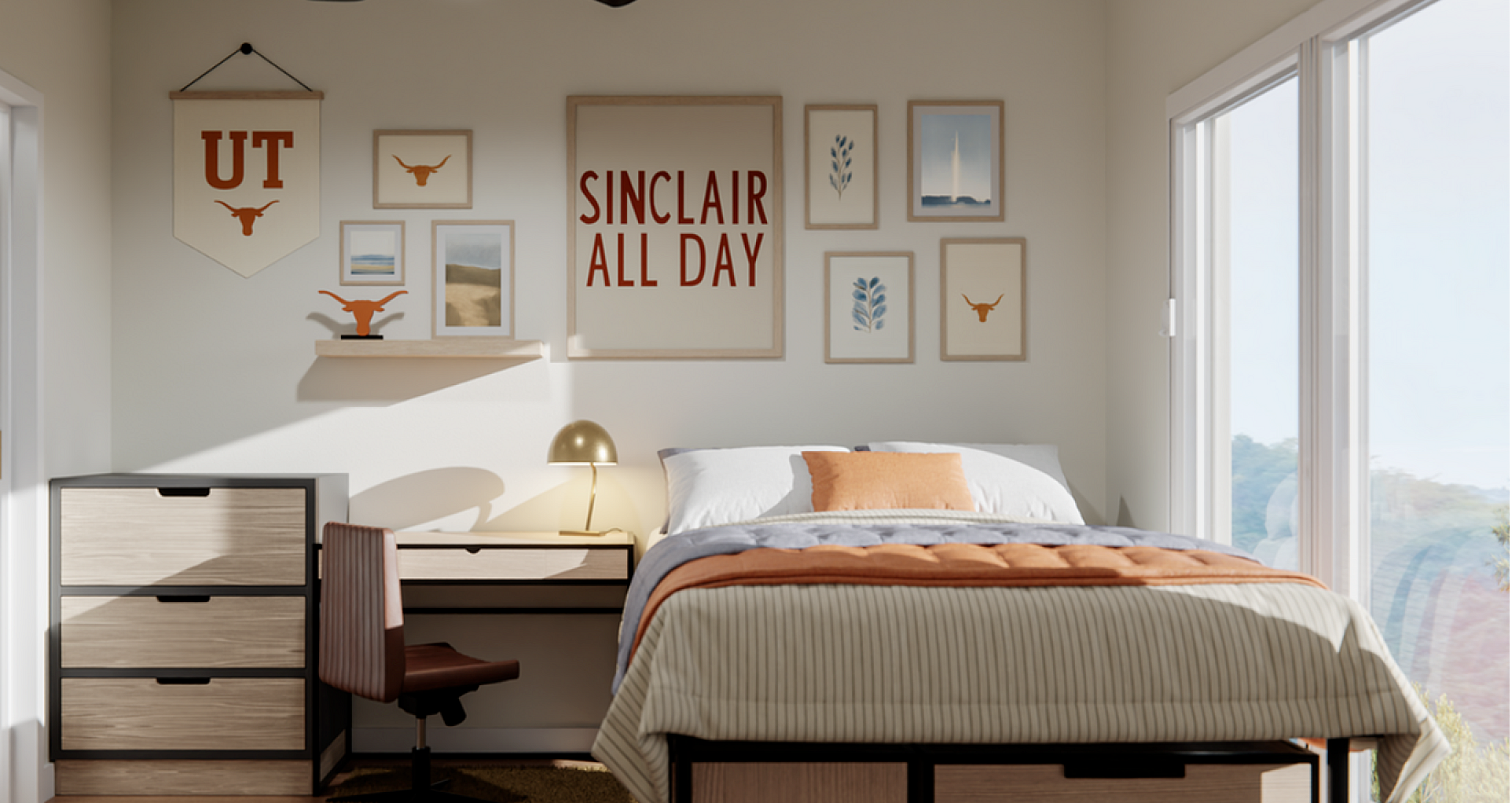 Bright and cozy bedroom featuring stylish wall art, a comfortable bed with warm tones, and ample sunlight streaming through large windows.