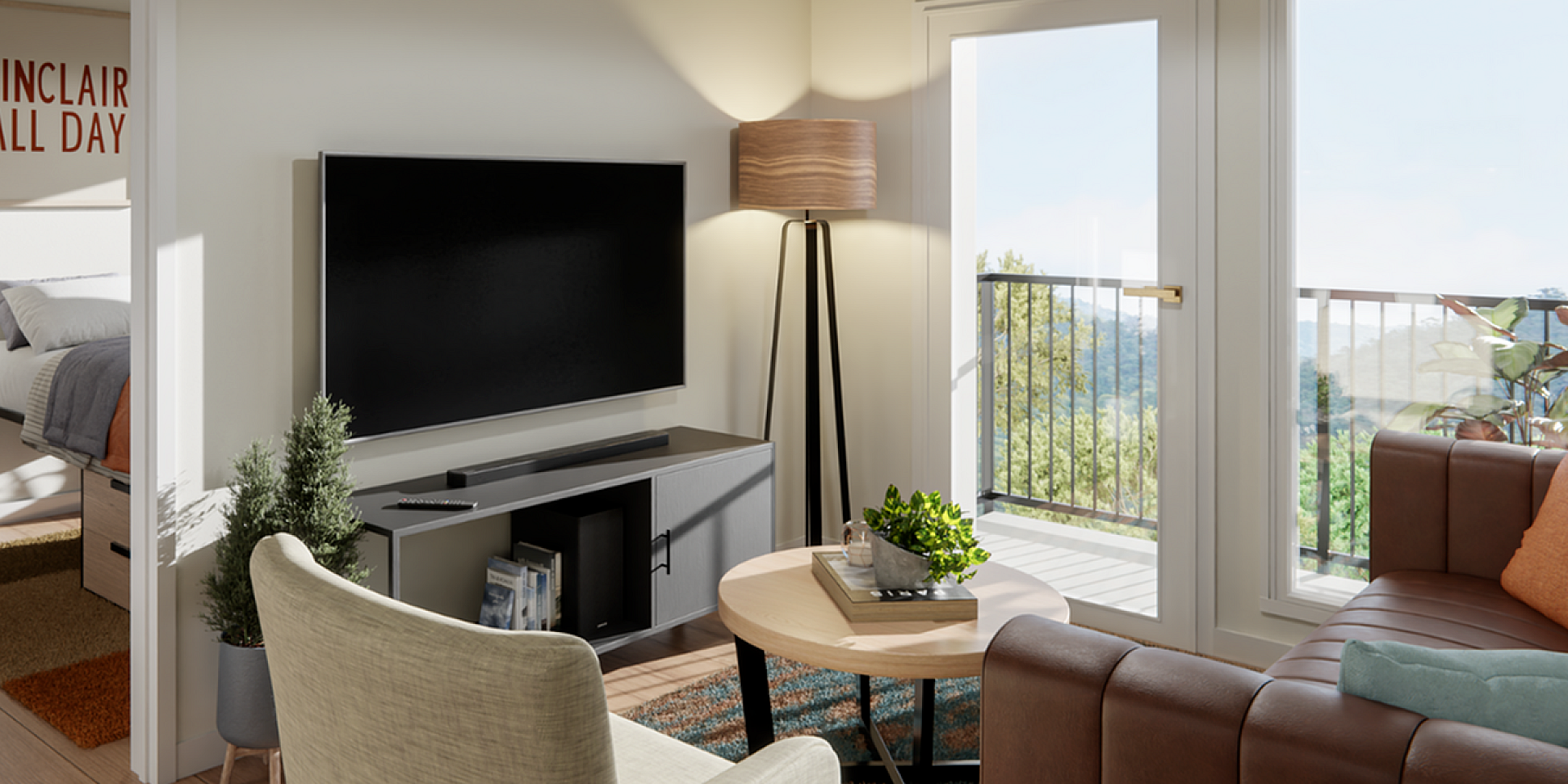 Bright, modern living room with sleek TV setup, stylish furnishings, and access to a scenic balcony view.