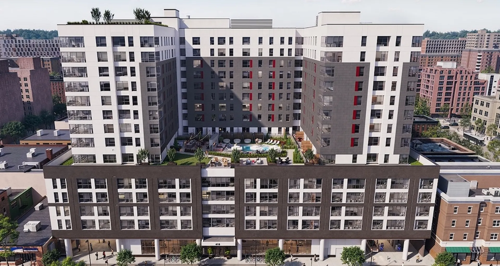 Modern luxury apartment building with sleek design, rooftop gardens, and a pool, situated in a vibrant urban area.