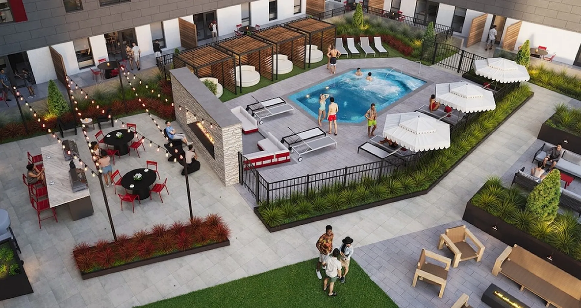 Vibrant apartment courtyard with a sparkling pool, luxurious lounge areas, and elegant outdoor dining spaces, perfect for entertaining and relaxation.