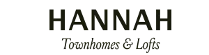 White logo of Hannah Lofts and Townhomes on a black background.