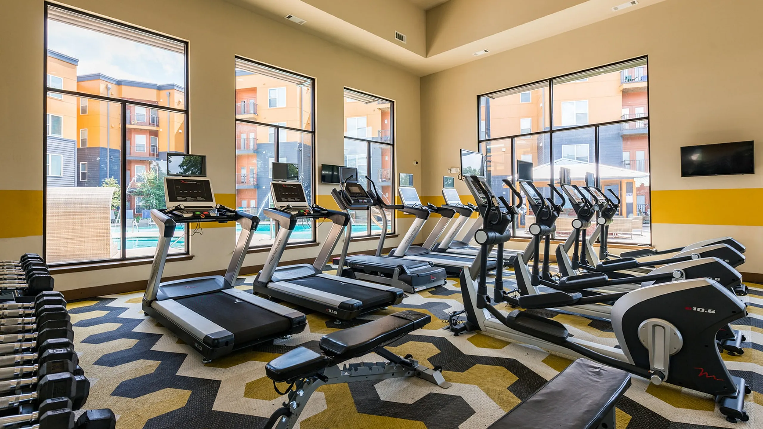Bright gym with modern cardio equipment, large windows, and a vibrant geometric carpet. Perfect for fitness enthusiasts.