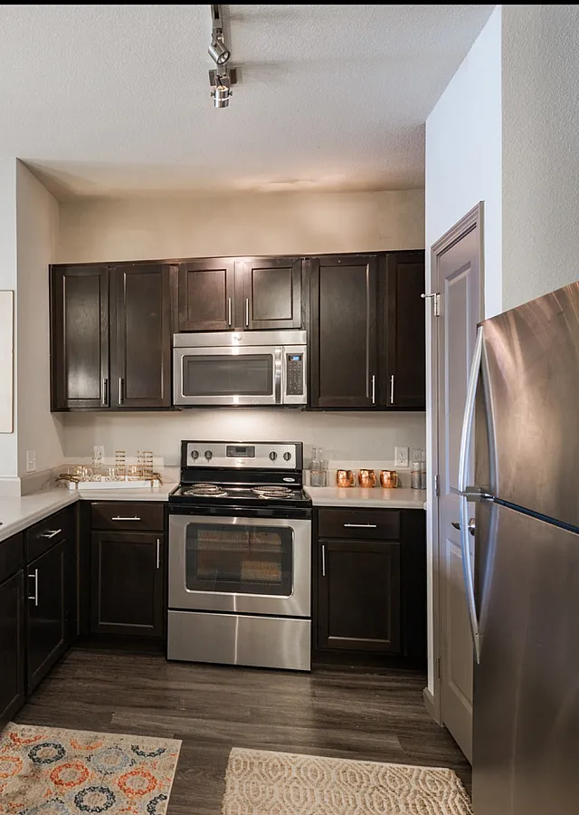 Modern kitchen with sleek dark wood cabinets, stainless steel appliances, and elegant pendant lighting, creating a sophisticated and functional culinary space.