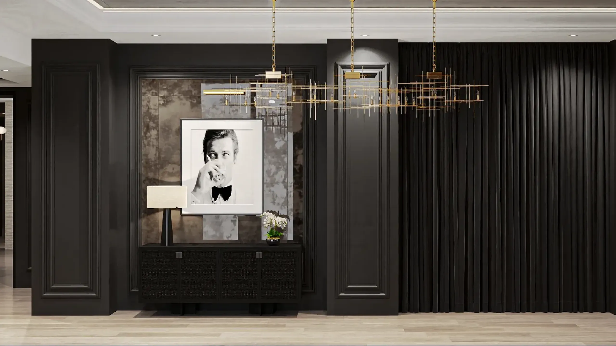 side lobby image with picture of man drinking a luxury cocktail on the wall.